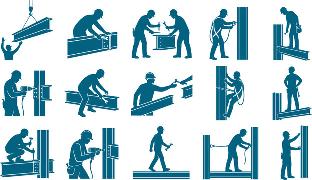 Construction bundle of ironworker silhouettes assembling steel beams and performing high-altitude structural building work