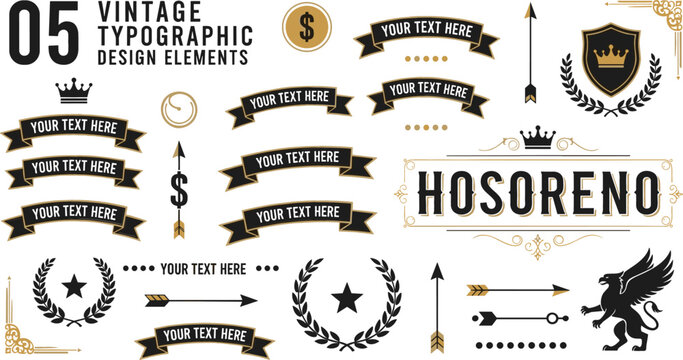 Vintage ribbon banners vector set with elegant scroll labels luxury gold borders and blank typographic banners for premium logo design