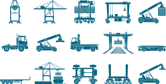 Port logistics and container handling machinery bundle featuring heavy-duty maritime transport and shipping yard equipment