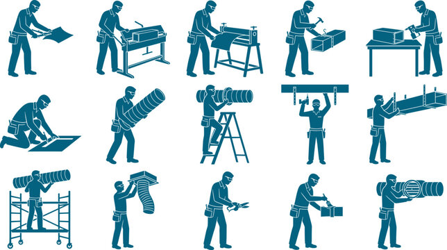 Professional bundle of hvac technician silhouettes installing ductwork and maintaining ventilation systems in buildings