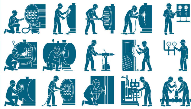 Professional bundle of technician silhouettes performing maintenance and repairs on industrial boiler systems and machinery