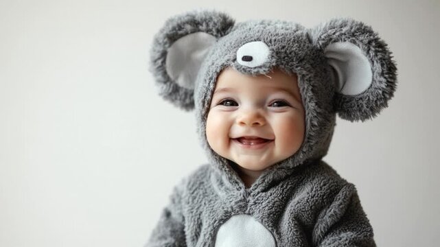 Cute baby in a fluffy koala outfit smiles joyfully against a neutral backdrop, capturing the essence of innocence and playful charm in each frame of the video sequence.