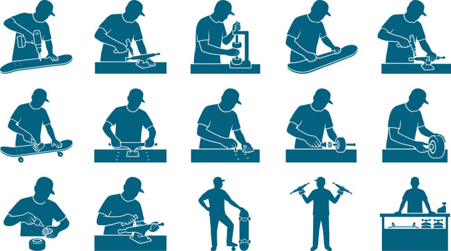 Skateboard assembly and maintenance elements set showing technicians building boards and installing hardware in workshops