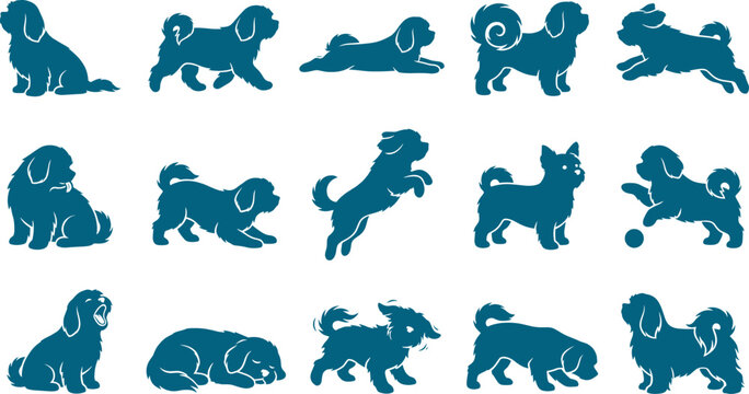 Small fluffy dog silhouette collection illustrating various pet movements for web assets