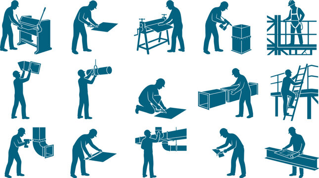 Sheet metal and hvac worker silhouette set illustrating ventilation installation and fabrication
