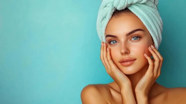Fresh beauty with natural glow highlights a serene model in spa attire, embodying tranquility and self-care against a vibrant blue backdrop for an engaging lifestyle theme.