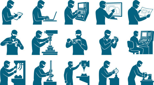 Technical bundle of machinist silhouettes operating cnc equipment and measuring precision parts in a factory