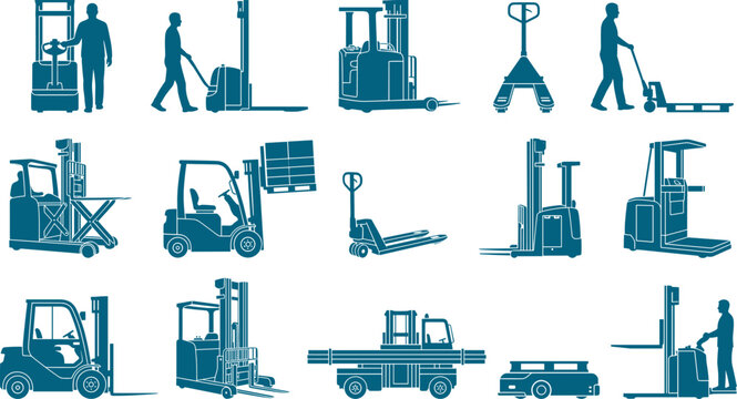 Versatile collection of forklift silhouettes and warehouse material handling equipment for logistics and shipping