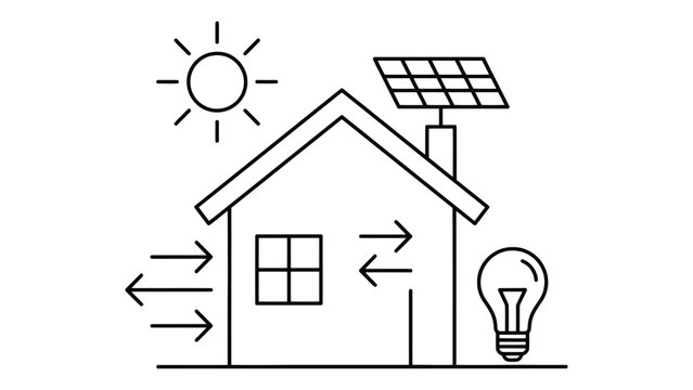 Minimalist Line Art Smart Solar House with Solar Panel, Energy Efficient Home, Renewable Power and Sustainable Living Technology Concept