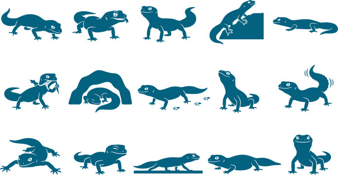 Assorted set of leopard gecko silhouettes showing various movements for reptile enthusiasts