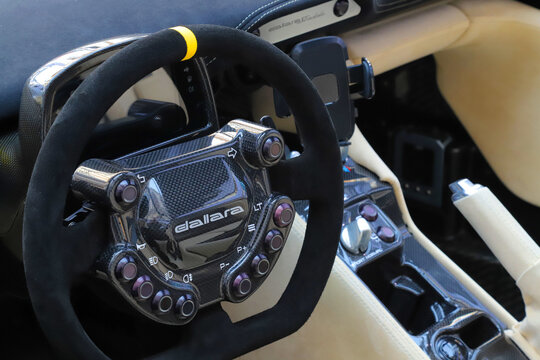 Modena, Italy, may 29 2026 - Motor Valley Fest 2026 public exhibition, detail of the cockpit and steering wheel of a Dallara sports car