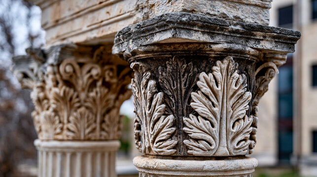 Column capital Corinthian carved limestone close detail, acanthus leaf volutes undercutting deep into stone, abacus moulding above echinus, centuries of atmospheric soiling darkening concave recesse