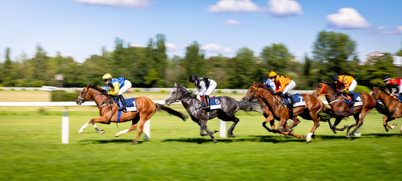 Exciting horse race with jockeys competing at full speed on a racetrack. Dynamic sports action captured with motion blur, showcasing strength, speed, competition and equestrian performance.
