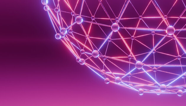 Neon network sphere connection triangle technology abstract neon network sphere with glowing node on purple gradient background