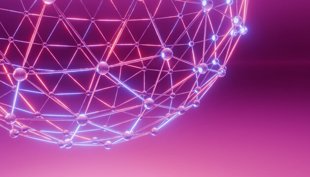Neon network, sphere, connection, abstract, purple, technology with glowing node and line on gradient background