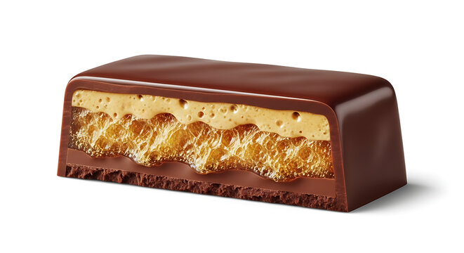 A single piece of chocolate candy bar with crispy wafer and creamy filling inside