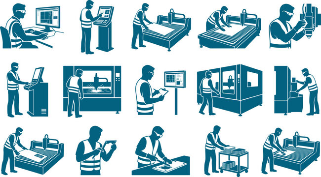 Industrial cnc machine operator set with workers using laser cutters and computerized equipment collection