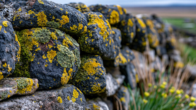 Dry-stone field wall cross-section perspective, flat throughstone tie courses visible every five courses, coping stones upright along wallhead, lichen diversity mapping stone face aspect, millstone 