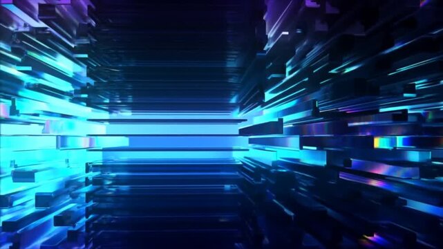 Tracking shot of glowing blue prism shards and reflective blocks streaming forward through futuristic digital tunnel interior