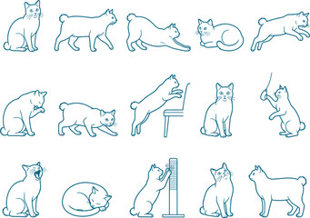 Fototapeta premium Manx bobtail cat line art collection featuring various feline poses and tailless animal behaviors bundle pack