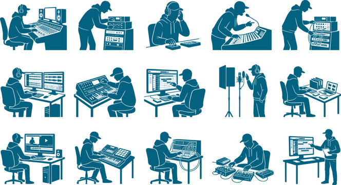 Music production and audio engineer set showing djs using mixing consoles and studio equipment collection