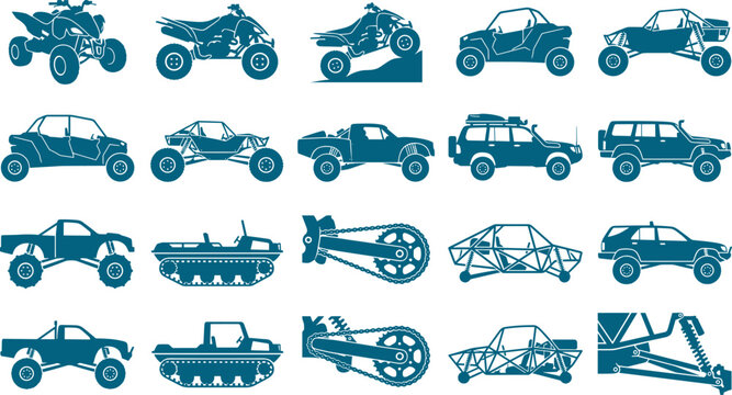 Off-road vehicle and atv silhouette bundle featuring quad bikes buggies and monster trucks for adventure graphics