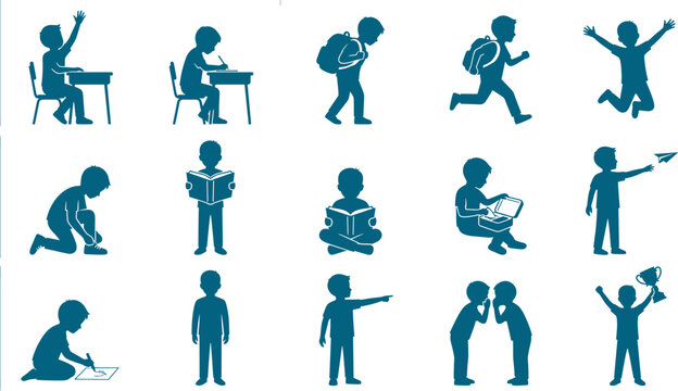 Schoolboy student silhouette collection showing various classroom activities and childhood educational behaviors set bundle