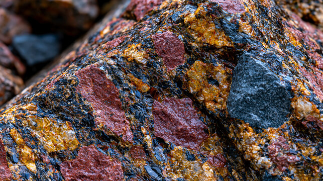 Granite boulder surface viewed at macro scale, individual feldspar phenocrysts, quartz grains, and biotite mica flakes forming an interlocking igneous mosaic, wet surface from recent rainfall intens