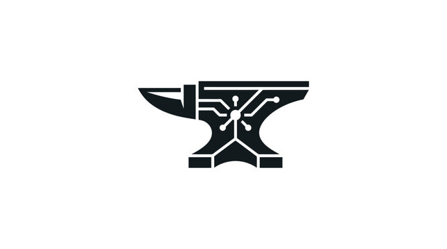 Stylized black anvil icon with digital circuitry and human symbol