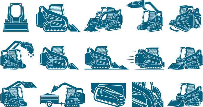 Skid steer loader and construction equipment silhouette collection showing various industrial machine angles set bundle