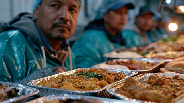 Industrial meatpacking plant floor where a group of Somali and Guatemalan workers share a break area lunch in parallel silence, each with their own food from home in mismatched containers, multicult