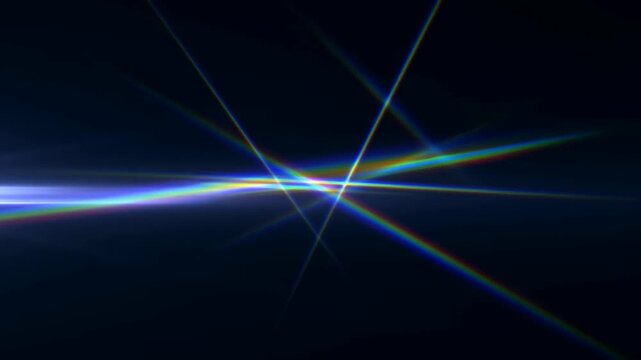 light flares crossing dark background with starburst lens rays and prism beams in horizontal sweep across studio backdrop