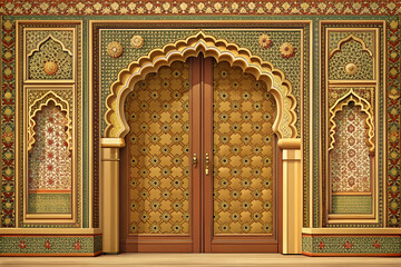 Naklejka premium Royal Indian palace entrance door, traditional Rajasthani ornamentation, decorative brass details, minimalist vector illustration, flat design, precise outlines, premium architectural artwork