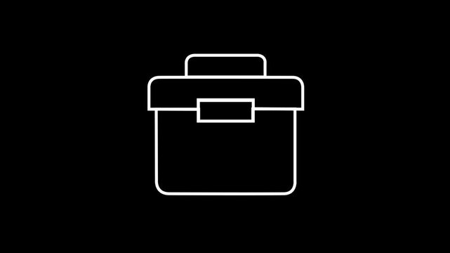Glowing briefcase icon animation representing business, career, office work, management on black background.