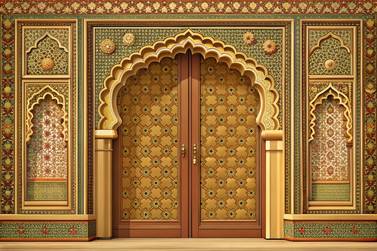 Royal Indian palace entrance door, traditional Rajasthani ornamentation, decorative brass details, minimalist vector illustration, flat design, precise outlines, premium architectural artwork