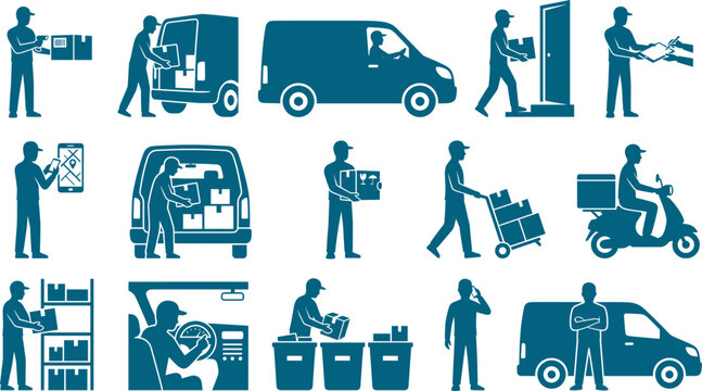 Delivery courier and logistics personnel silhouette set for shipping service website branding graphics