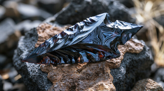Obsidian arrowhead knapped to a sharp bifacial edge, the conchoidal fracture surfaces reflecting light in curved ripple patterns across the volcanic glass, resinous vitreous luster catching a single