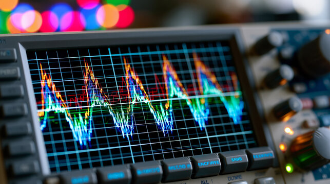 Oscilloscope waveform display screen emitting phosphorescent sine pulse traces across graticule grid, analog signal amplitude peaks rendered in cathode ray glow, vintage electronic measurement instr