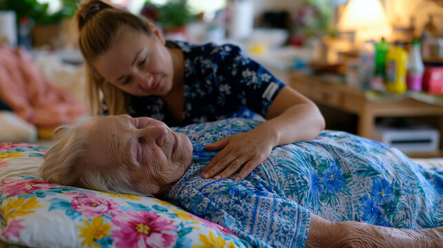 Polish home health aide gently assists an elderly Croatian immigrant woman with physical therapy exercises in a modest apartment, their shared Eastern European heritage bridging communication gaps a