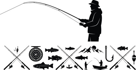 Fisherman Silhouette Set with Fishing Gear, Tackle, and Nature Icons © Mokbul