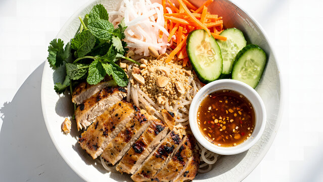 Vietnamese grilled chicken noodle bowl with lemongrass grilled chicken, vermicelli rice noodles, fresh herbs like mint and cilantro, pickled carrots and daikon, cucumber slices, peanuts, and nuoc cham