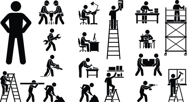Set of various professions and worker stick figure silhouette icons