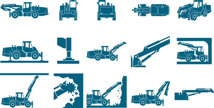 Heavy mining machinery bundle set showing roadheader equipment for industrial tunneling graphics