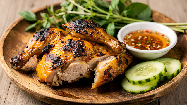Vietnamese grilled chicken, lemongrass marinated, charred and golden, served with fresh herbs, sliced cucumber, and nuoc cham dipping sauce on a rustic plate