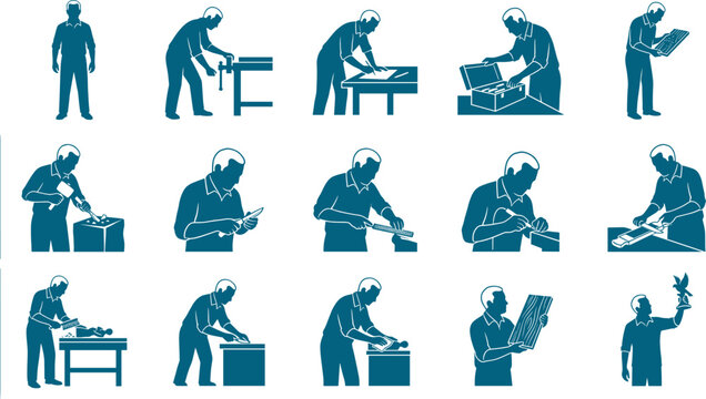 Professional woodworker and carpenter set demonstrating manual labor tasks with traditional tools