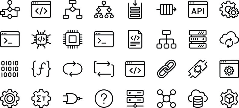 Software development and system integration line icons set featuring programming automation APIs infrastructure and cloud technology