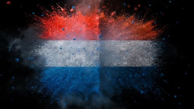 A flag-like arrangement made with exploding colored particles against a black backdrop