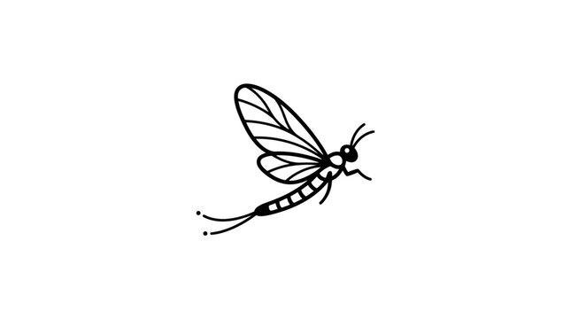 Minimalist black line drawing of a winged insect on white background