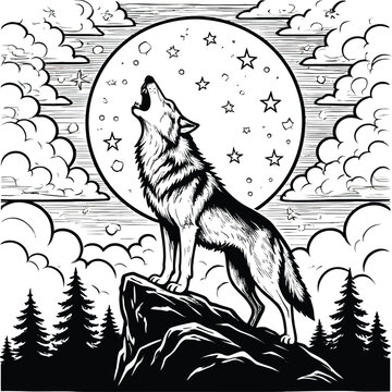 Howling wolf illustration with a full moon stars and coniferous trees in a vintage engraved style animal canine lunar