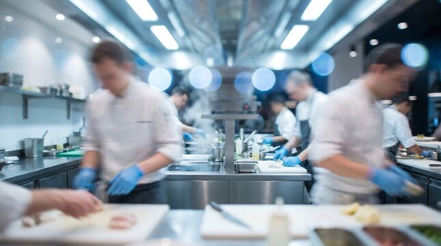 Professional chefs in white uniforms working in fast paced restaurant kitchen with motion blur illustrating the busy atmosphere of a commercial dining service and food preparation area